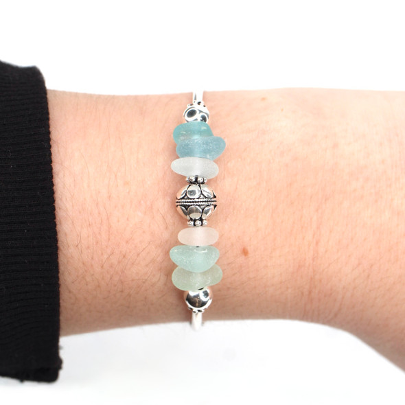 Aqua Sky Sea Glass and Pearl Daisy Bracelet on model for color reference.
