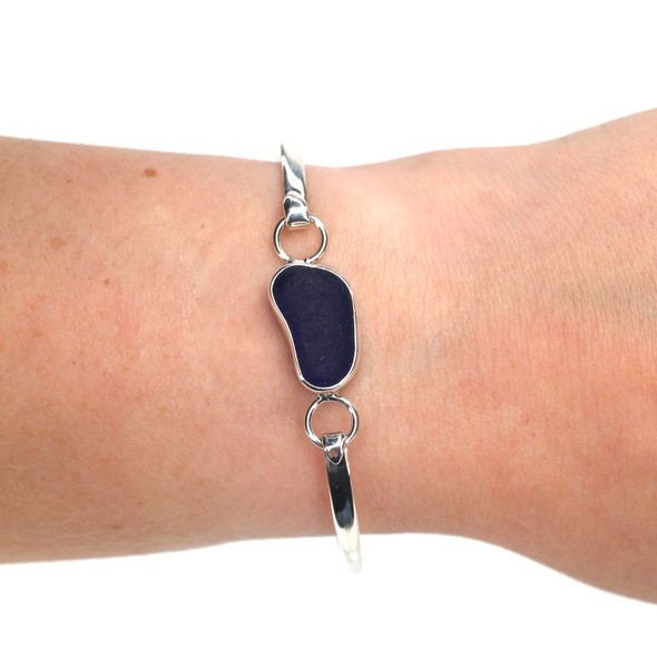 Cobalt Midnight Sea Glass Hinge Bangle Bracelet on model for color reference. 