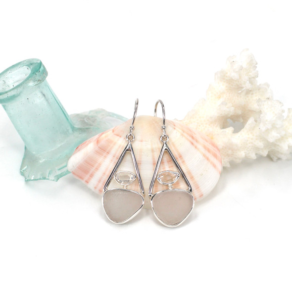 White Sea Glass and Herkimer Diamond Double Lunar Drop Earrings