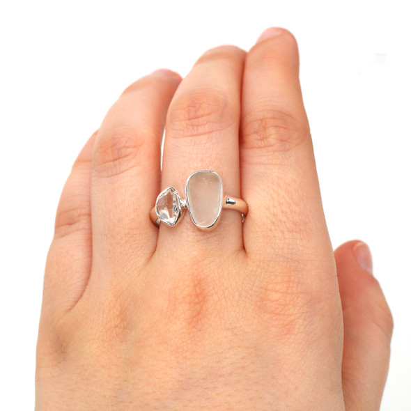 White Elongated Sea Glass and Herkimer Diamond Double Ring - Size 9 on model for color reference.