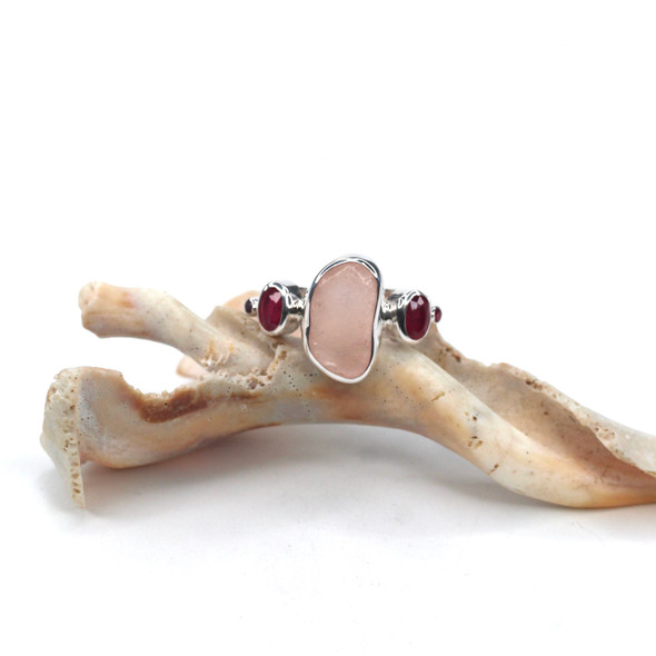 Pink Sea Glass and Ruby 5 Stone Ring - Size 9