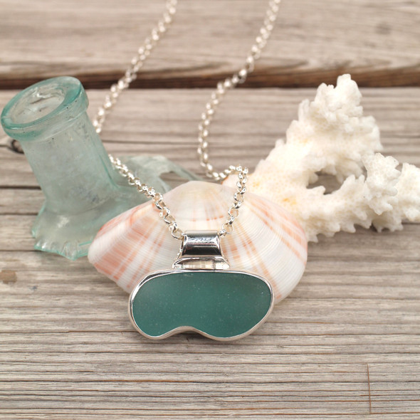 Insta Sale - Aqua Curved Sea Glass Horizon Slide Bail Necklace - MM