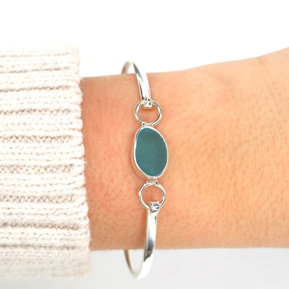 Aqua Allure Sea Glass Bezel Bangle Bracelet on model for color reference.