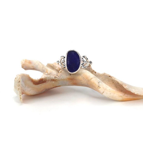 Cobalt Midnight Sea Glass Double Heart Ring - Size 9