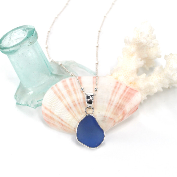 Cornflower Deep Sea Glass Single Bezel Necklace