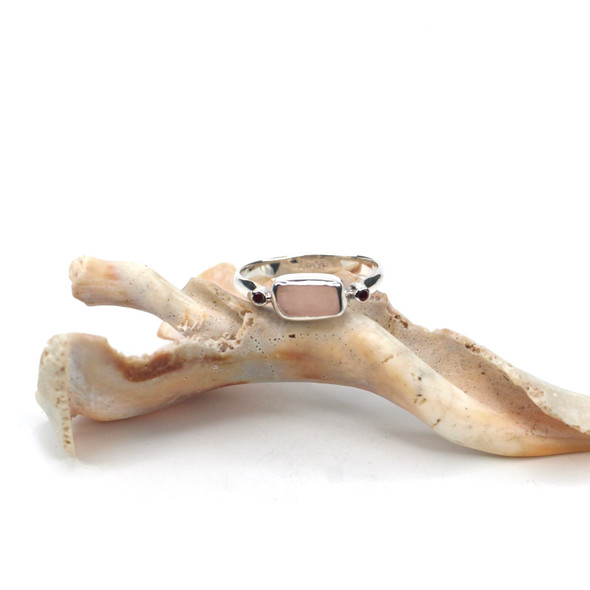 Pink Sea Glass and Ruby Simple Ring - Size 9