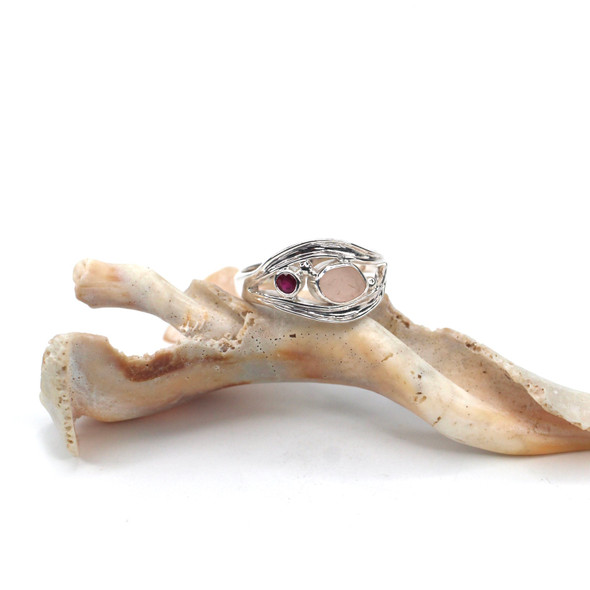 Pink Petal Sea Glass and Ruby Wavy Ring - Size 9