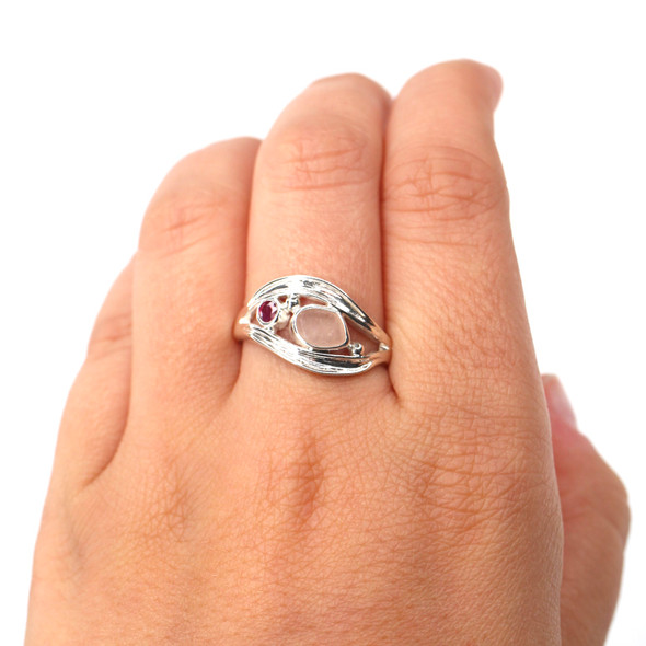 Pink Petal Sea Glass and Ruby Wavy Ring - Size 9 on model for color reference.