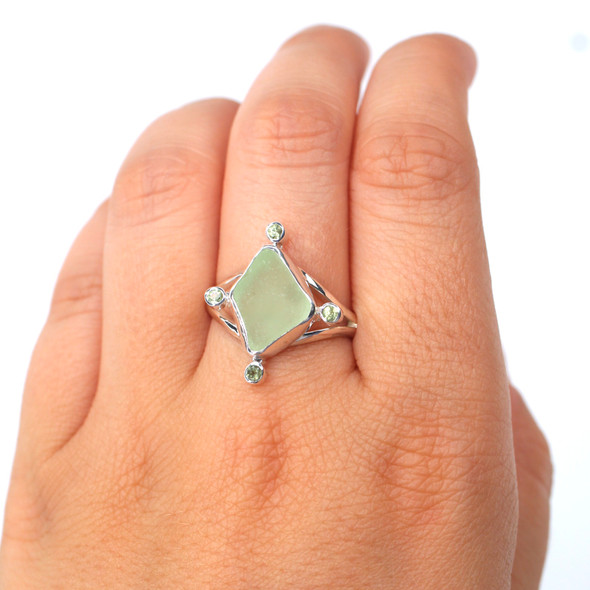 Seafoam Sea Glass and Peridot Tide Point Ring - Size 9 on model for color reference.