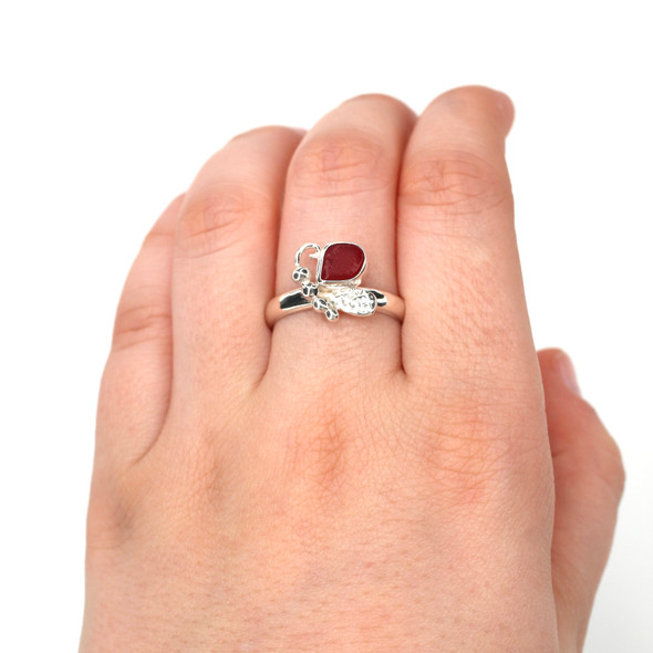 Red Diamond Sea Glass Butterfly Ring - Size 9 on model for color reference.