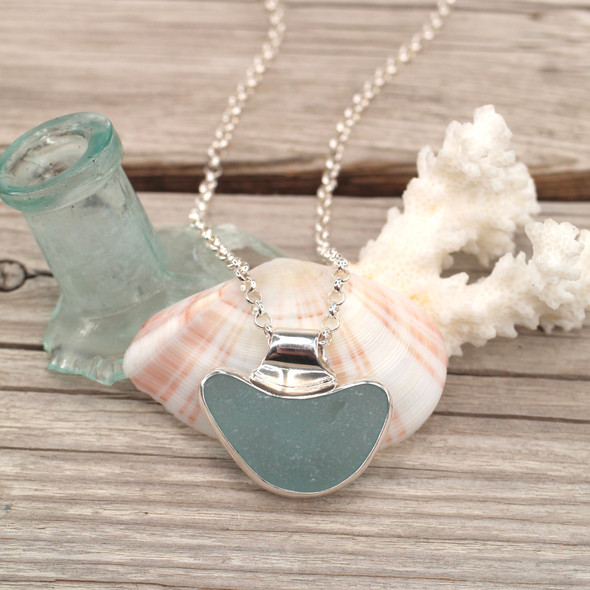 Insta Sale - Aqua Sea Glass Smile Horizon Slide Bail Necklace - MM