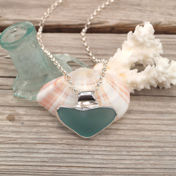 Insta Sale - Aqua Sea Glass Pointed Heart Horizon Slide Bail Necklace -  MM
