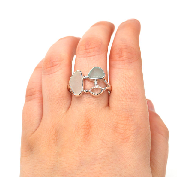 Aqua and White Sea Glass and Herkimer Diamond Trio Ring - Size 9 on model for color reference.