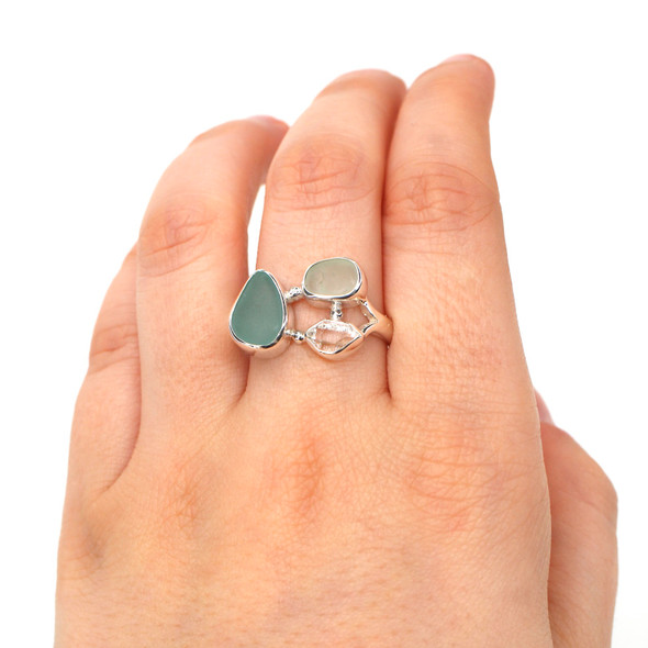 Sky Sea Glass and Herkimer Diamond Trio Ring - Size 9 on model for color reference.