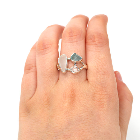 Aqua Bright and Snow White Sea Glass and Herkimer Diamond Trio Ring - Size 9 on model for color reference.
