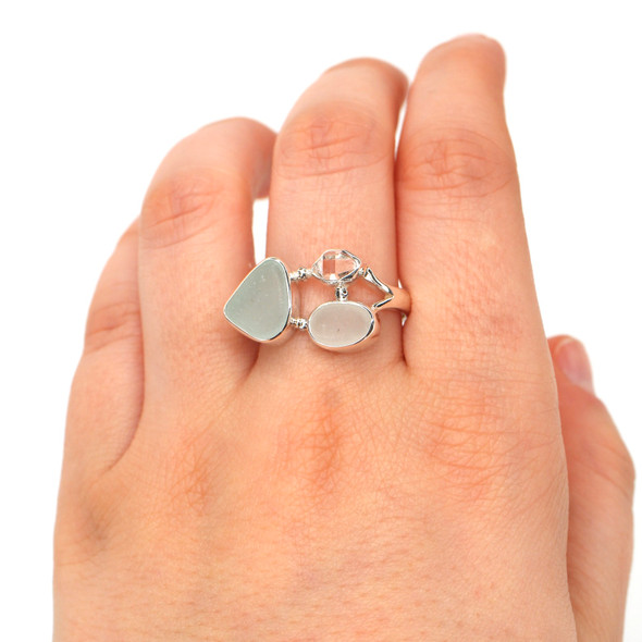 Water Sea Glass and Herkimer Diamond Trio Ring - Size 9 on model for color reference.