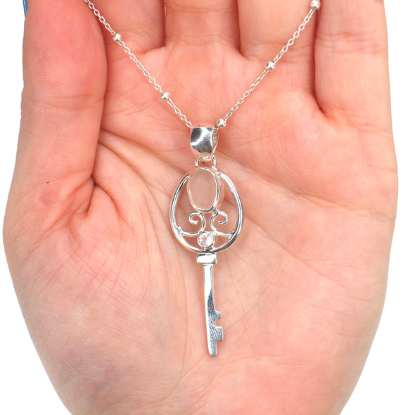 Pink Petal Sea Glass and Rose Quartz Oval Key Necklace on model for color reference. 