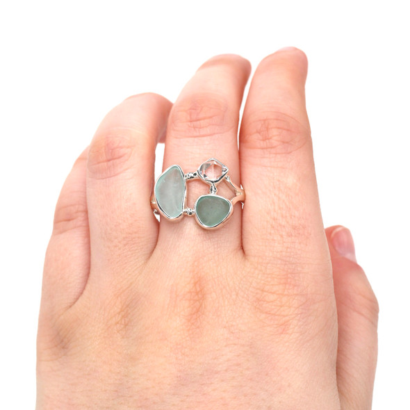 Aqua Ombre Sea Glass and Herkimer Diamond Trio Ring - Size 9 on model for color reference.