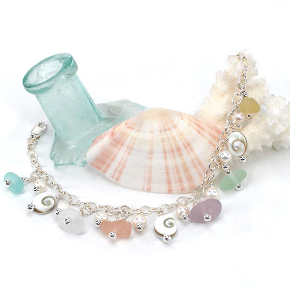 Pastel Bright Sea Glass and Shiva Shell Charm Bracelet