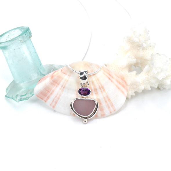 Lavender Smooth Triangle Sea Glass and Amethyst Double Necklace