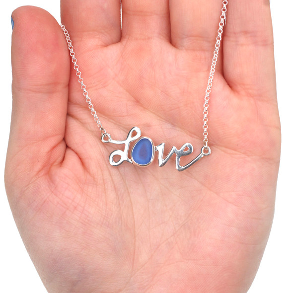 Cornflower Sea Glass Love Necklace 19" Length on model for color reference. 