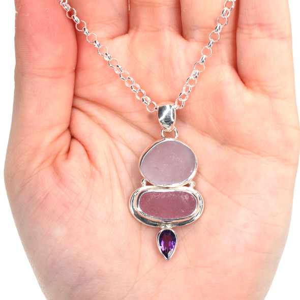 Lavender and Purple Sea Glass and Amethyst Bold Three Tier Necklace on model for color reference. 