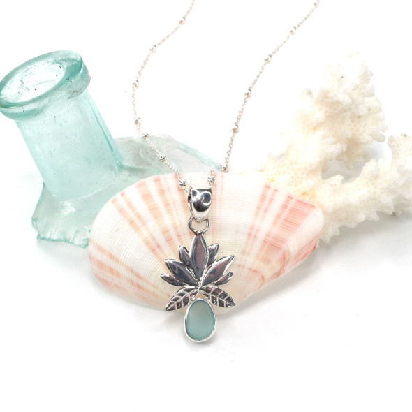 Aqua Sea Glass Open Lotus Necklace
