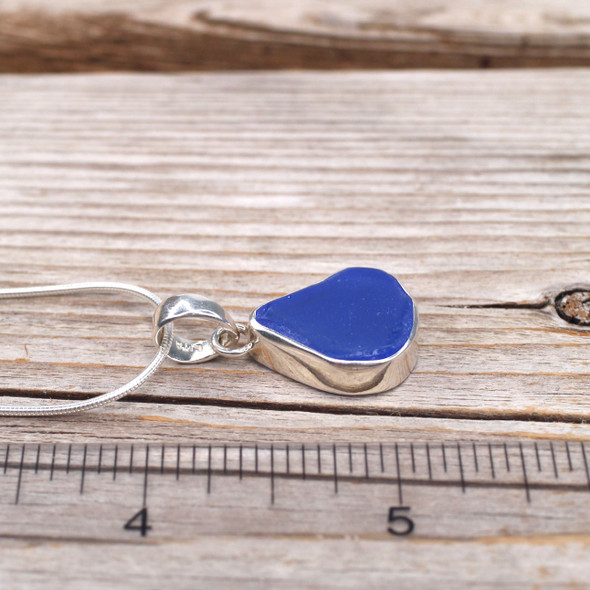 Insta Sale Cornflower Droplet Sea Glass Bezel Necklace - MM on ruler for size reference. 