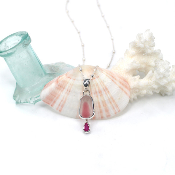Pink Aura Sea Glass and Ruby Double Necklace