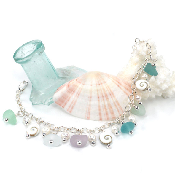 Perfectly Pastel Sea Glass and Shiva Shell Charm Bracelet