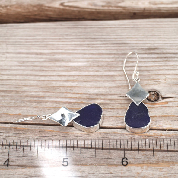 Insta Sale Cobalt Sea Glass Geometric Diamond Earrings - MM on ruler for size reference. 