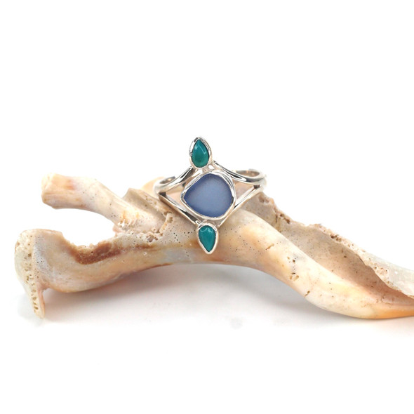 Cornflower Rounded Triangle Sea Glass and Turquoise Teardrop Ring - Size 9