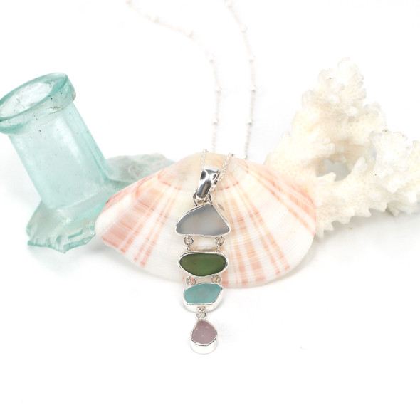 Gray and Pink Ocean Blush Sea Glass Linked 4 Tier Necklace
