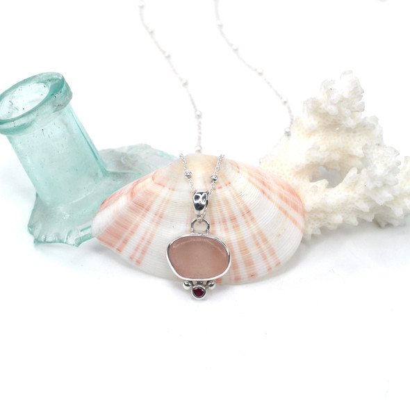 Pink Sea Glass and Ruby Oval Necklace