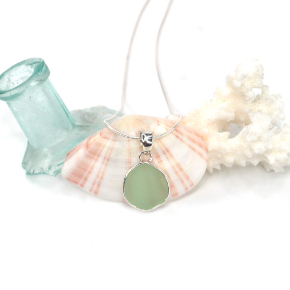 Seafoam Round Sea Glass Single Bezel Necklace Seafoam Round Sea Glass Single Bezel Necklace