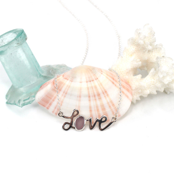Lavender Sea Glass Love Necklace 19" Length