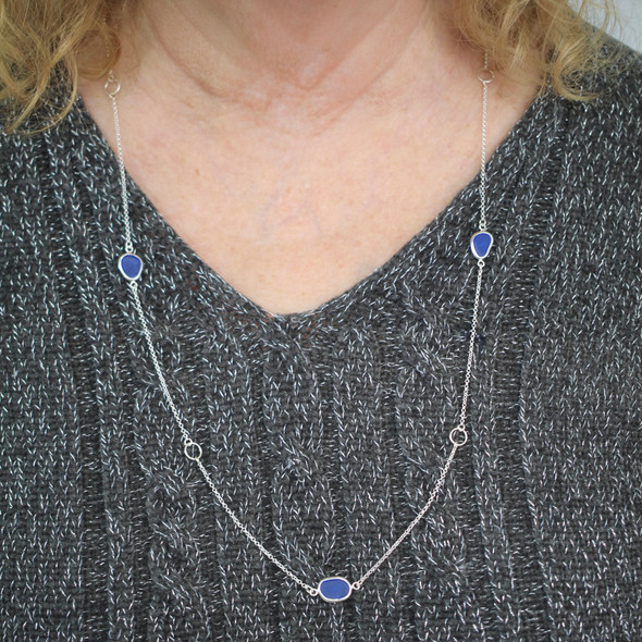 Cobalt Ombre 5 Stone Sea Glass 30" Lariat Necklace model