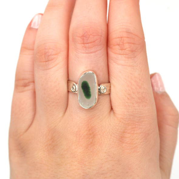 Green Bright Spot Ultra Rare Sea Glass Swirl Ring - Size 9 on model for color reference. 