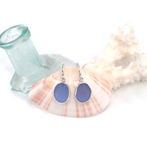 Cornflower Smooth Teardrop Sea Glass Bezel Earrings