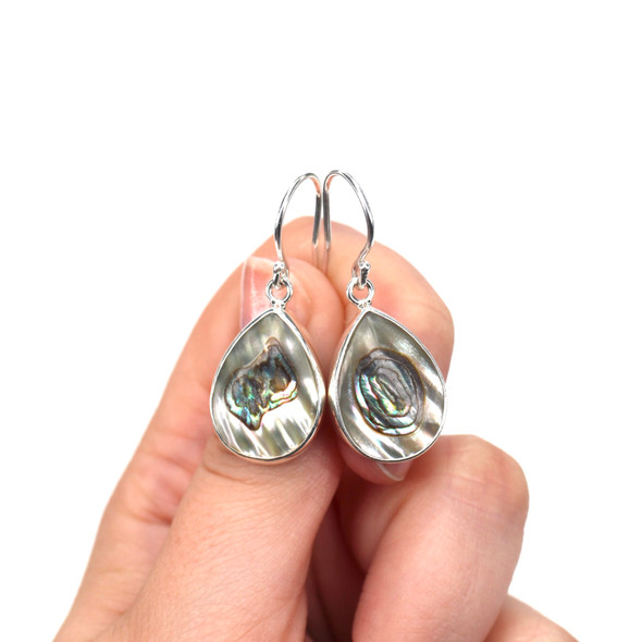 Abalone Teardrop Shimmer Single Bezel Earrings on model for color reference.