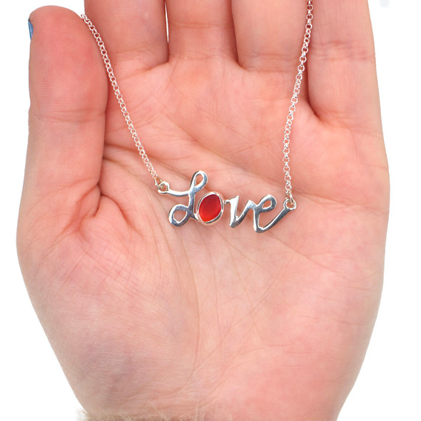 Red Bright  Sea Glass Love Necklace 19" Length on model for color reference. 