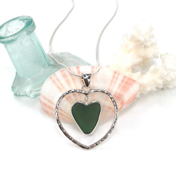 Olive Sea Glass Heart Center Necklace Olive Sea Glass Heart Center Necklace