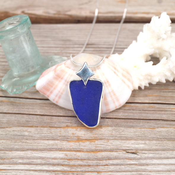 Insta Sale Cobalt Triangle Sea Glass Geometric Diamond Necklace - MM 