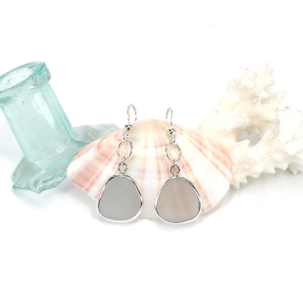 Gray Sea Glass Bezel Wrap Circle Drop Earrings