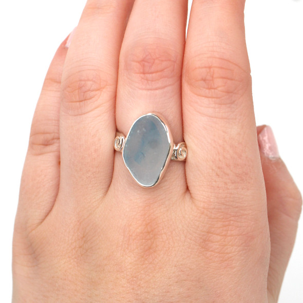 Sky Turquoise Wisp Ultra Rare Sea Glass Swirl Ring - Size 9 on model for color reference. 