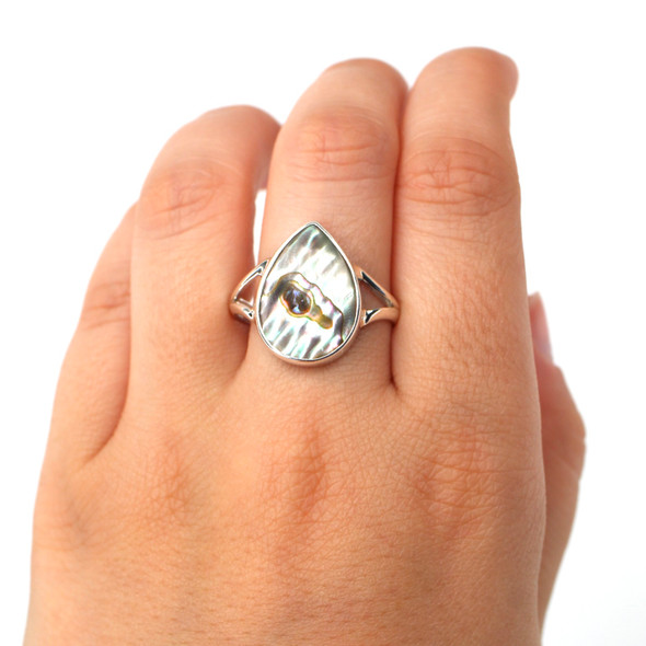 Abalone Teardrop Ripple Split Band Ring - Size 9 on model for color reference.