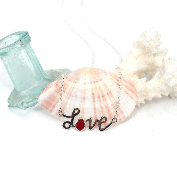 Red Cherry Sea Glass Love Necklace 19" Length