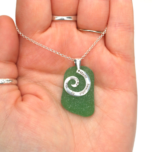 Green Sea Glass Journey Necklace on model for color reference.