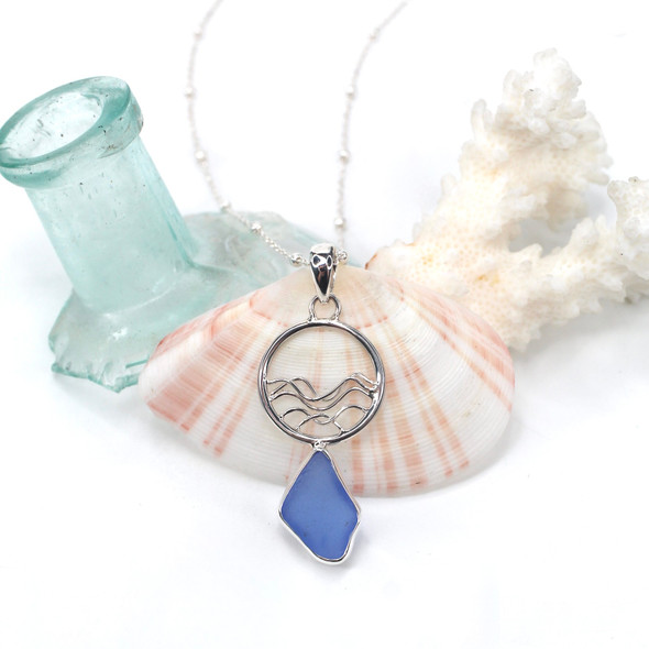 Cornflower Sea Glass Ocean Wave Necklace