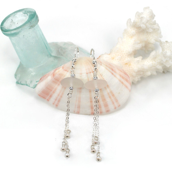 White Sea Glass and Pearl Chandelier Earrings